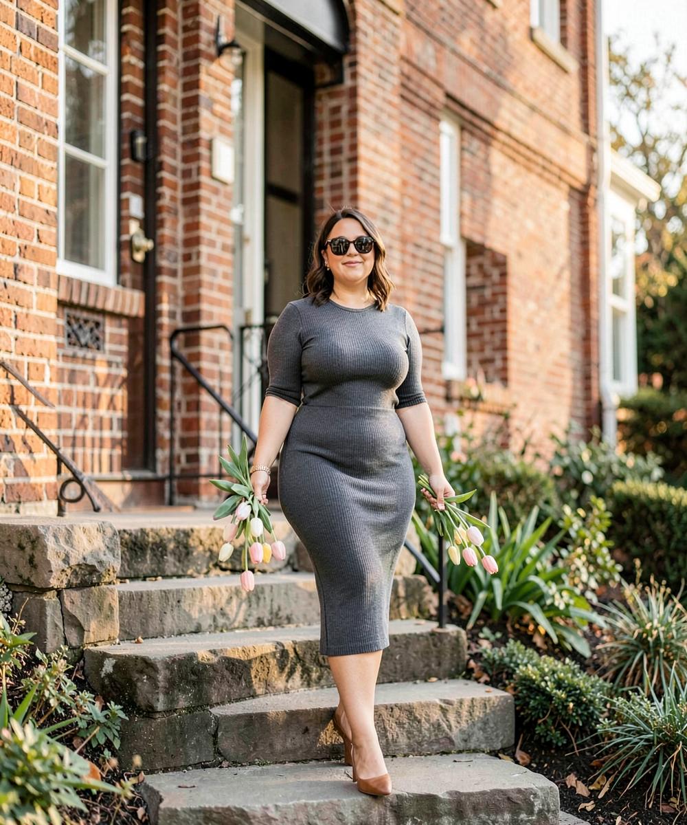 Woman on brick steps in a charcoal ribbed shaping dress